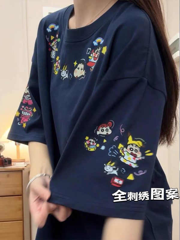 Navy Blue Oversized Crayon Shin-chan Short Sleeve T-Shirt for Women, Cute Cartoon Summer Top, Trendy Y2K Style