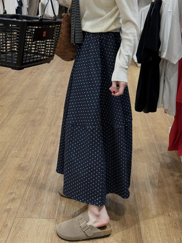 Navy Blue Polka Dot Plus Size Midi Skirt for Women - Flattering A-Line Patchwork Design, Summer 2025, Perfect for Curvy Figures