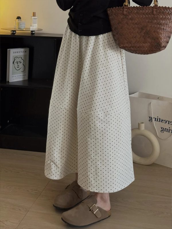 Navy Blue Polka Dot Plus Size Midi Skirt for Women - Flattering A-Line Patchwork Design, Summer 2025, Perfect for Curvy Figures