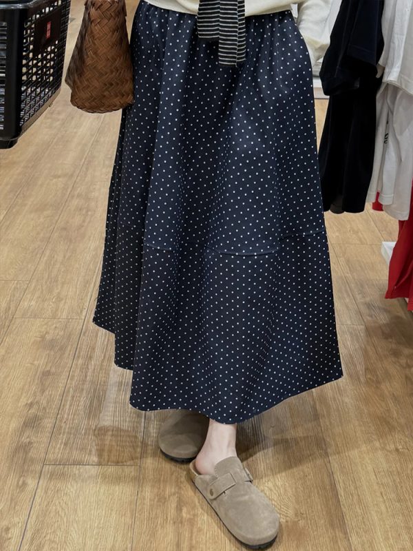 Navy Blue Polka Dot Plus Size Midi Skirt for Women - Flattering A-Line Patchwork Design, Summer 2025, Perfect for Curvy Figures
