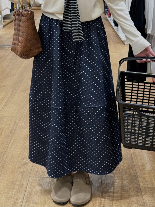 Navy Blue Polka Dot Plus Size Midi Skirt for Women - Flattering A-Line Patchwork Design, Summer 2025, Perfect for Curvy Figures