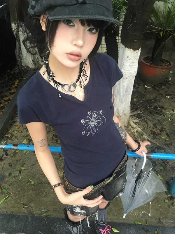 Navy Blue Short Sleeve V-Neck Rhinestone Spicy Girl Top with Ruffled Edges - Fitted Summer Style