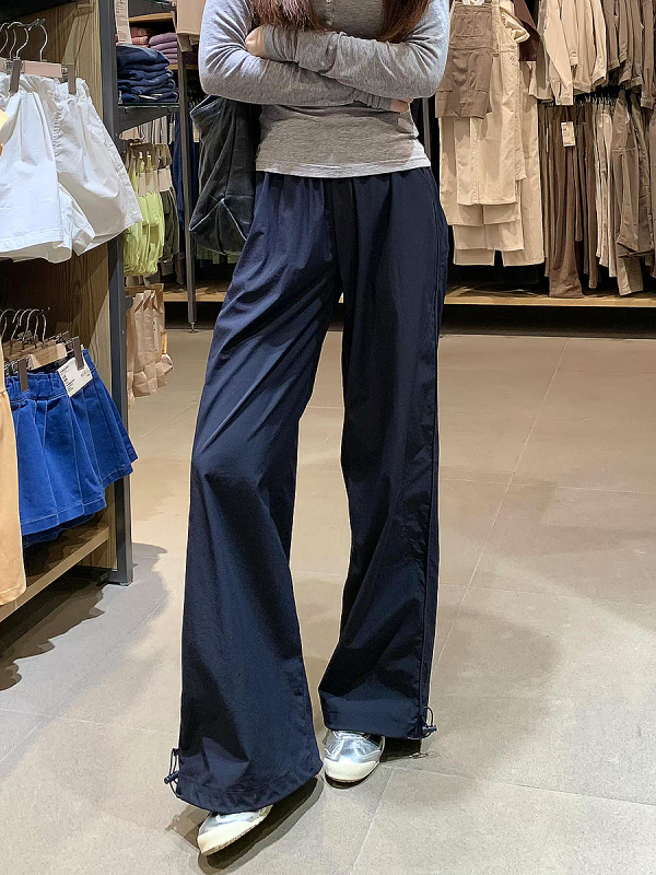 Navy Blue Wide-Leg Straight-Leg Work Pants for Women - Retro Casual Summer Sports Trousers