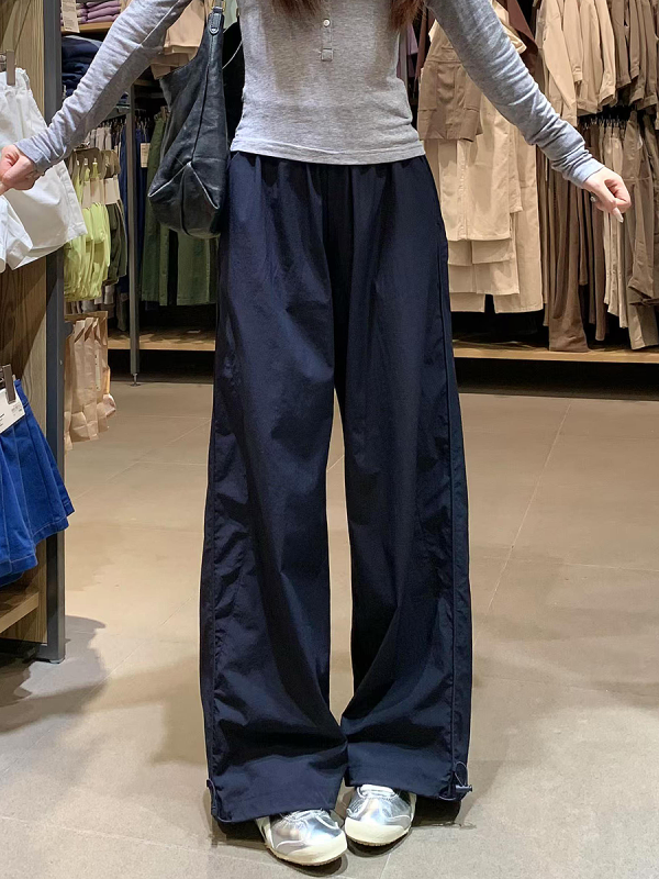 Navy Blue Wide-Leg Straight-Leg Work Pants for Women - Retro Casual Summer Sports Trousers