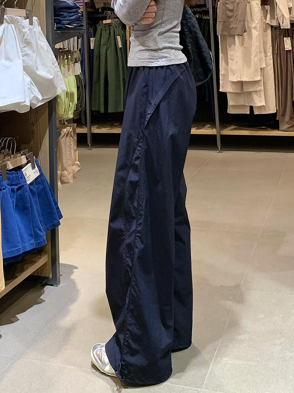 Navy Blue Wide-Leg Straight-Leg Work Pants for Women - Retro Casual Summer Sports Trousers