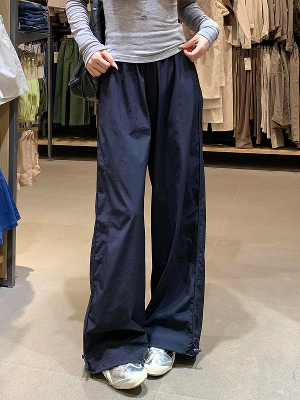 Navy Blue Wide-Leg Straight-Leg Work Pants for Women - Retro Casual Summer Sports Trousers