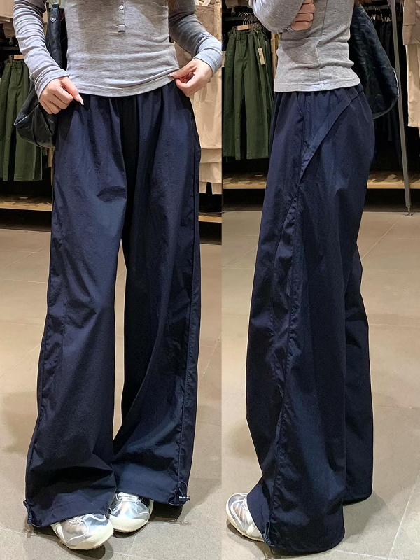 Navy Blue Wide-Leg Straight-Leg Work Pants for Women - Retro Casual Summer Sports Trousers
