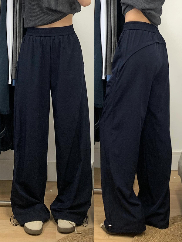 Navy Blue Women's Wide-Leg Casual Pants - Versatile Summer Loose Draping Trousers for Work & Hip-Hop Style