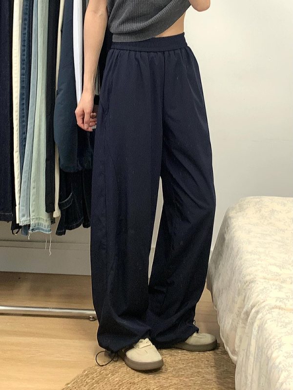 Navy Blue Women's Wide-Leg Casual Pants - Versatile Summer Loose Draping Trousers for Work & Hip-Hop Style