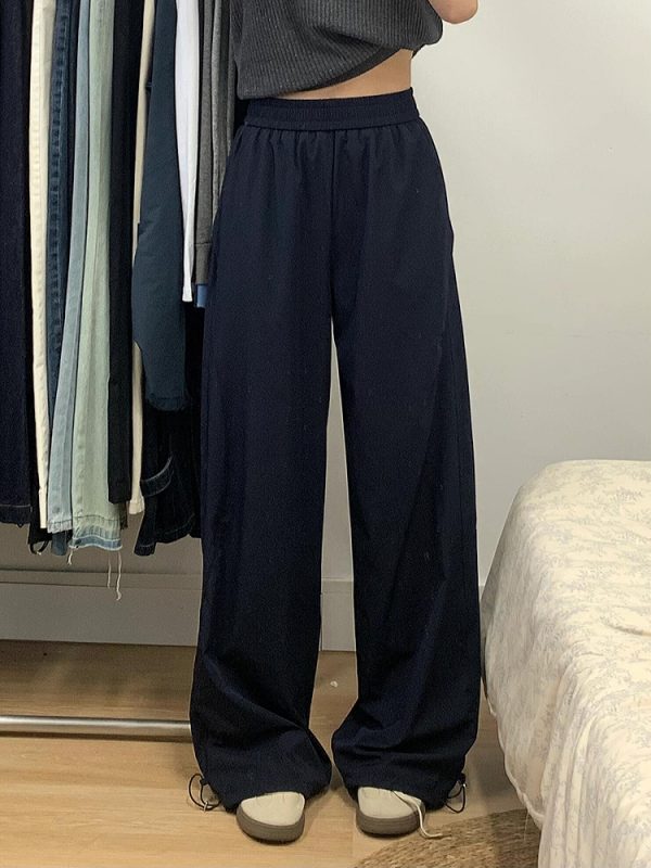 Navy Blue Women's Wide-Leg Casual Pants - Versatile Summer Loose Draping Trousers for Work & Hip-Hop Style