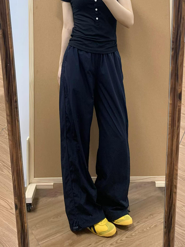 Navy Blue Women's Wide-Leg Work Pants - Loose Fit, Versatile Casual Trousers for Summer 2025, Slimming Straight-Leg Sports Style
