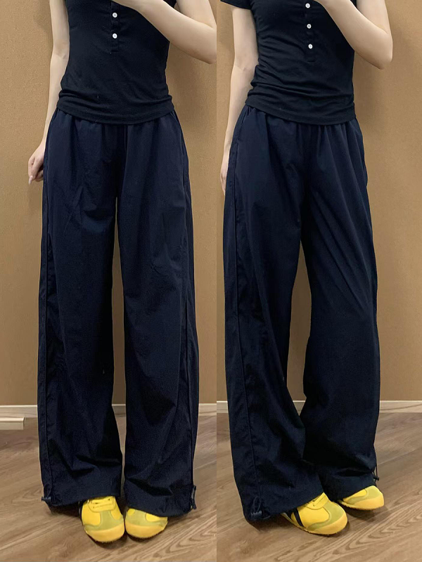Navy Blue Women's Wide-Leg Work Pants - Loose Fit, Versatile Casual Trousers for Summer 2025, Slimming Straight-Leg Sports Style