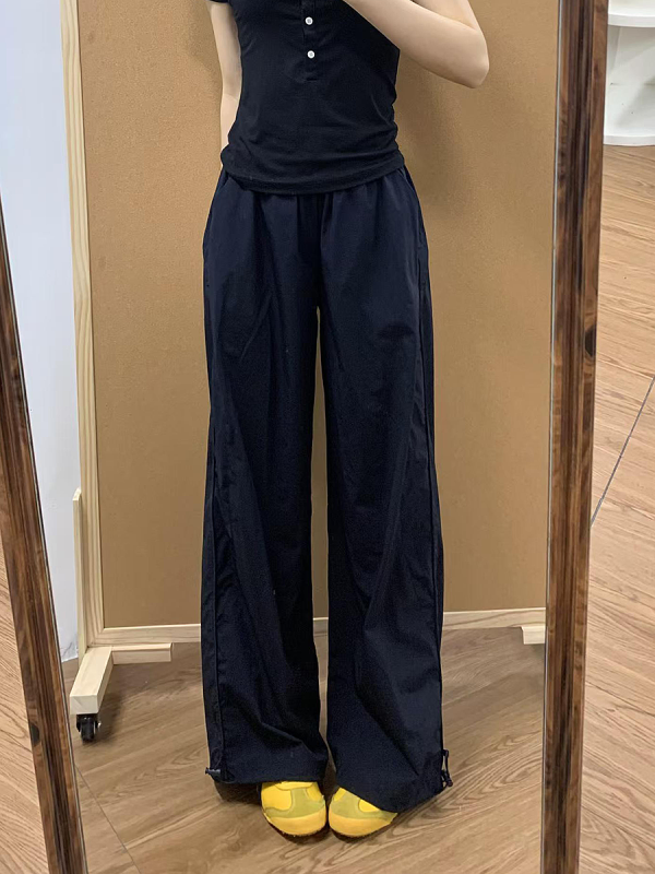 Navy Blue Women's Wide-Leg Work Pants - Loose Fit, Versatile Casual Trousers for Summer 2025, Slimming Straight-Leg Sports Style