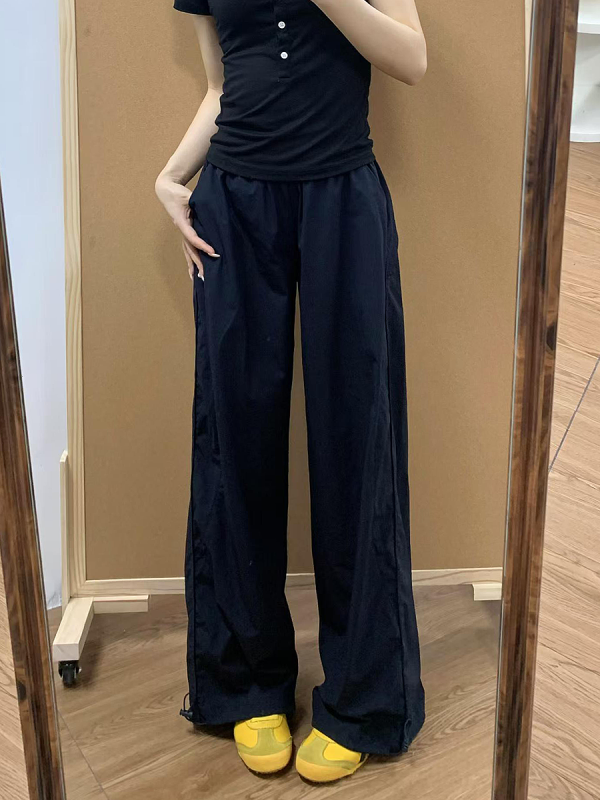 Navy Blue Women's Wide-Leg Work Pants - Loose Fit, Versatile Casual Trousers for Summer 2025, Slimming Straight-Leg Sports Style