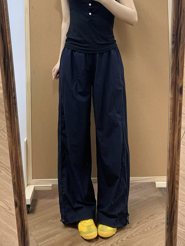 Navy Blue Women's Wide-Leg Work Pants - Loose Fit, Versatile Casual Trousers for Summer 2025, Slimming Straight-Leg Sports Style