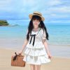 Navy Collar Bowknot College Style Mid-Length Dress with Pudding Bear Print and Cake Skirt â€“ Vintage-Inspired Fashion for Y2K Lovers