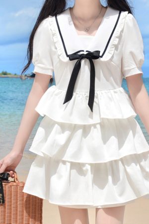 Navy Collar Bowknot College Style Mid-Length Dress with Pudding Bear Print and Cake Skirt â€“ Vintage-Inspired Fashion for Y2K Lovers