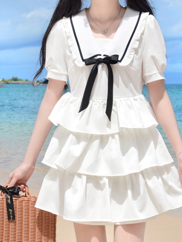 Navy Collar Bowknot College Style Mid-Length Dress with Pudding Bear Print and Cake Skirt â€“ Vintage-Inspired Fashion for Y2K Lovers