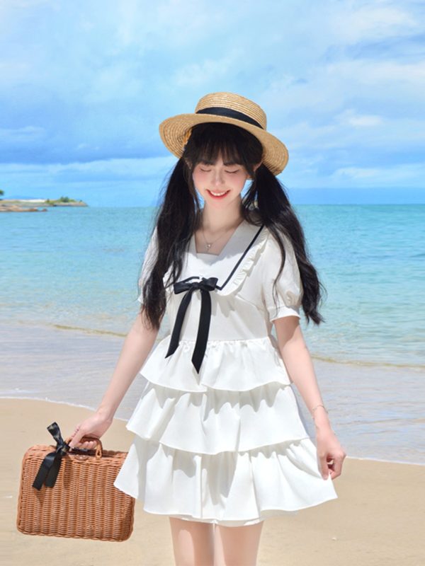 Navy Collar Bowknot College Style Mid-Length Dress with Pudding Bear Print and Cake Skirt â€“ Vintage-Inspired Fashion for Y2K Lovers