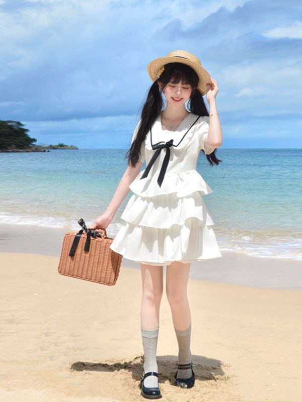 Navy Collar Bowknot College Style Mid-Length Dress with Pudding Bear Print and Cake Skirt â€“ Vintage-Inspired Fashion for Y2K Lovers