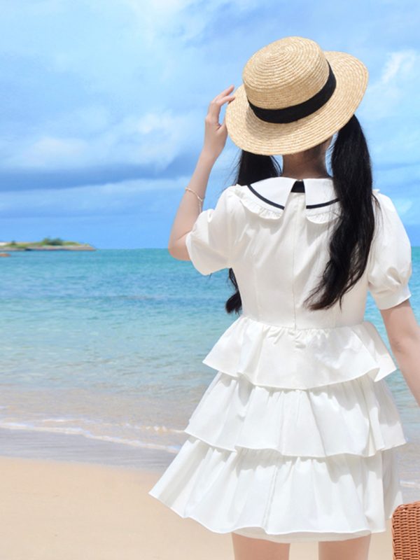 Navy Collar Bowknot College Style Mid-Length Dress with Pudding Bear Print and Cake Skirt â€“ Vintage-Inspired Fashion for Y2K Lovers