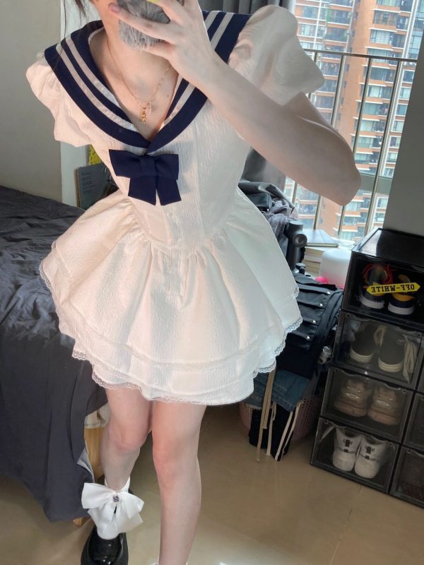 Navy Collar Bubble Sleeve Waist-Cinching Dress for Women - Summer JK Style Slim-Fit Puff Skirt