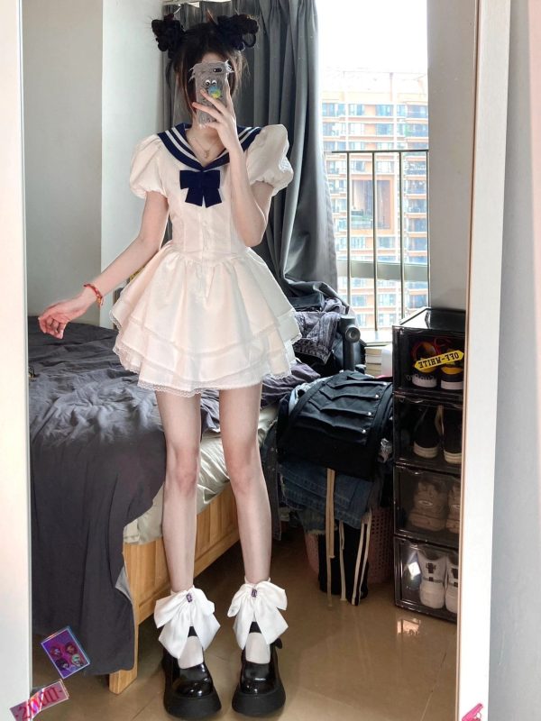 Navy Collar Bubble Sleeve Waist-Cinching Dress for Women - Summer JK Style Slim-Fit Puff Skirt