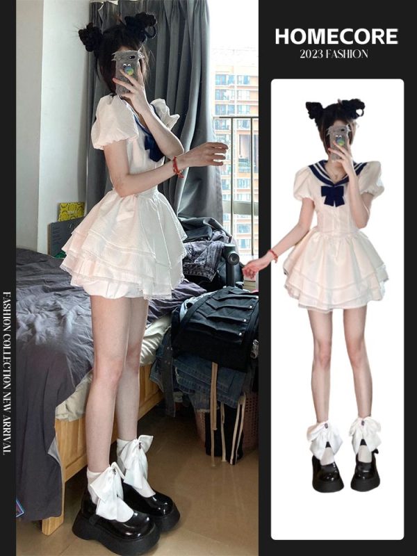 Navy Collar Bubble Sleeve Waist-Cinching Dress for Women - Summer JK Style Slim-Fit Puff Skirt