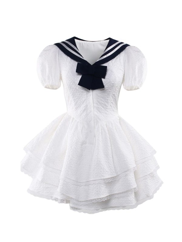 Navy Collar Bubble Sleeve Waist-Cinching Dress for Women - Summer JK Style Slim-Fit Puff Skirt