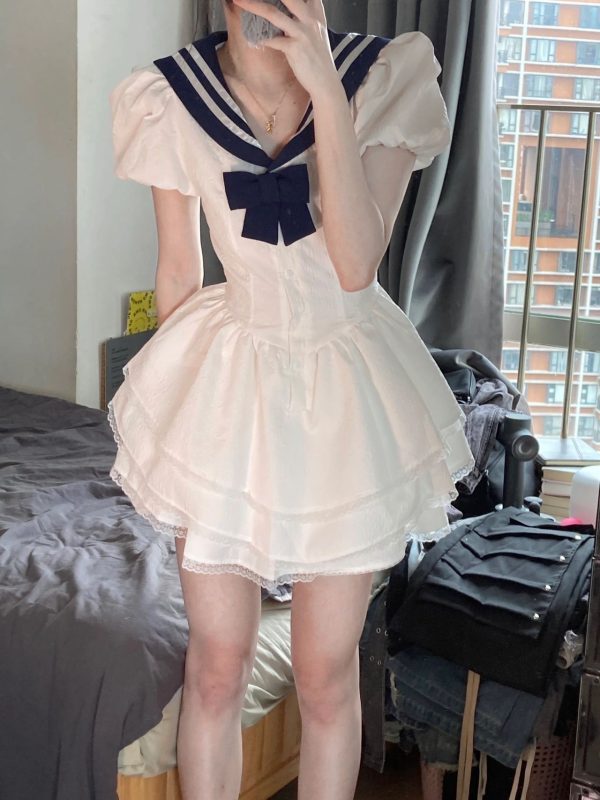 Navy Collar Bubble Sleeve Waist-Cinching Dress for Women - Summer JK Style Slim-Fit Puff Skirt
