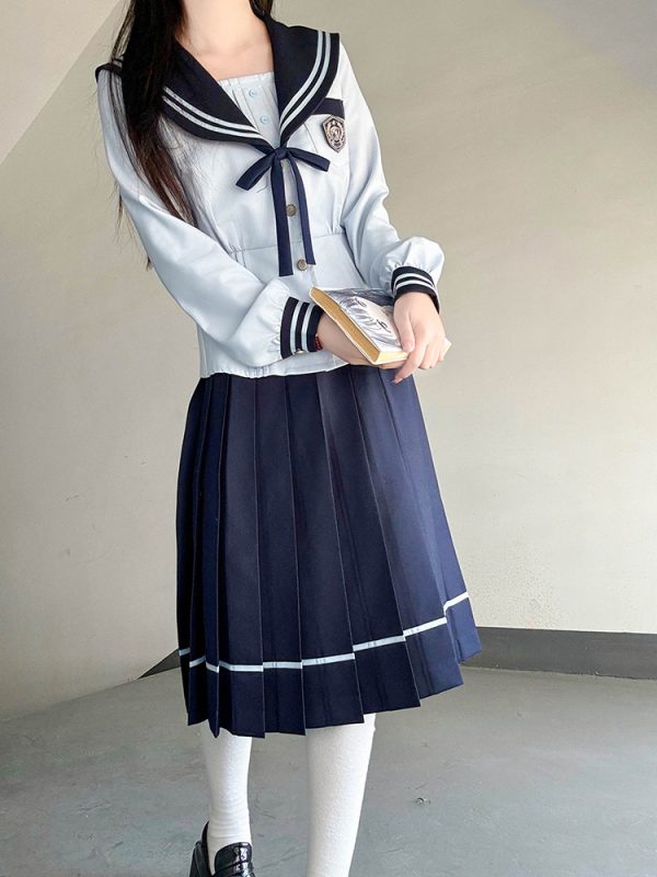 Navy Collar Long Sleeve Top and Blue Long Skirt Set - Pudding Bear JK Style, School Supply Fashion, Y2K Academy Chic