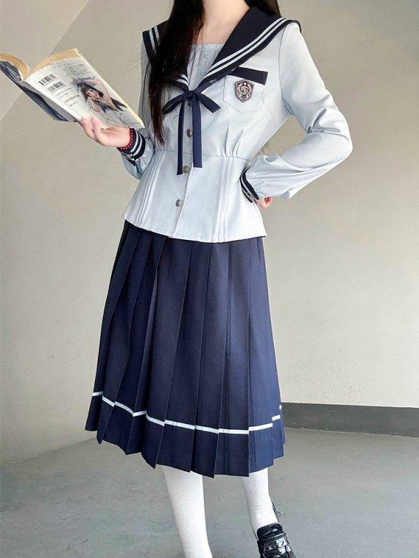 Navy Collar Long Sleeve Top and Blue Long Skirt Set - Pudding Bear JK Style, School Supply Fashion, Y2K Academy Chic