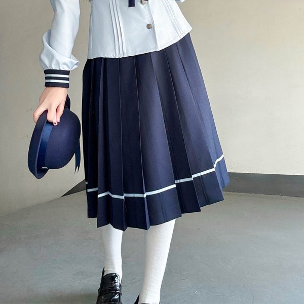 Navy Collar Long Sleeve Top and Blue Long Skirt Set - Pudding Bear JK Style, School Supply Fashion, Y2K Academy Chic