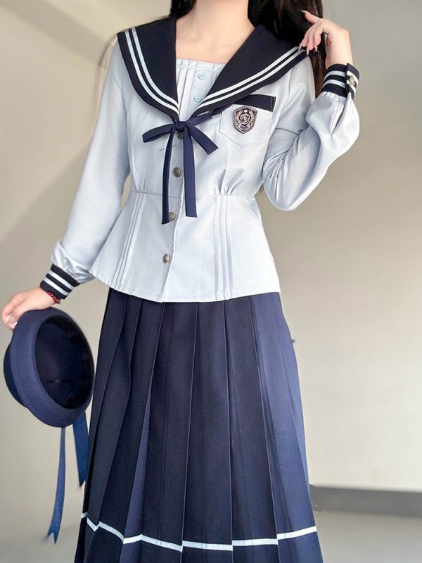 Navy Collar Long Sleeve Top and Blue Long Skirt Set - Pudding Bear JK Style, School Supply Fashion, Y2K Academy Chic