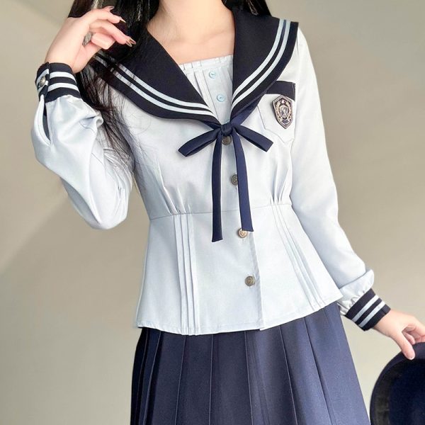 Navy Collar Long Sleeve Top and Blue Long Skirt Set - Pudding Bear JK Style, School Supply Fashion, Y2K Academy Chic