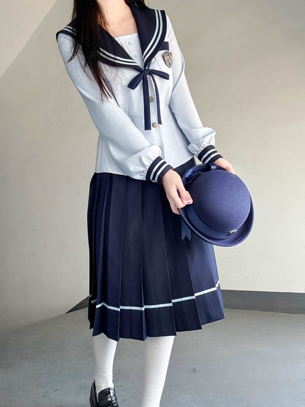Navy Collar Long Sleeve Top and Blue Long Skirt Set - Pudding Bear JK Style, School Supply Fashion, Y2K Academy Chic