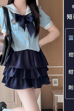 Navy Collar Pudding Bear JK Uniform Sailor Suit Set with Cake Skirt - Slimming College Style Outfit for 90s and Y2K Fashion Lovers