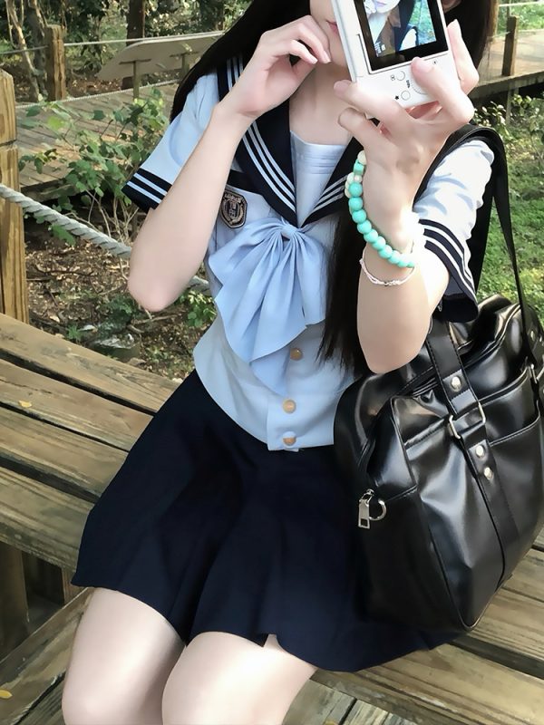 Navy Collar Sailor Suit Set - Japanese JK Uniform with Pudding Bear Design - Cute School Style Outfit for Y2K Fashion Lovers