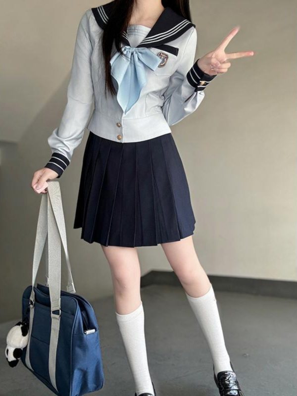 Navy Collar Sailor Suit Set - Japanese JK Uniform with Pudding Bear Design - Cute School Style Outfit for Y2K Fashion Lovers