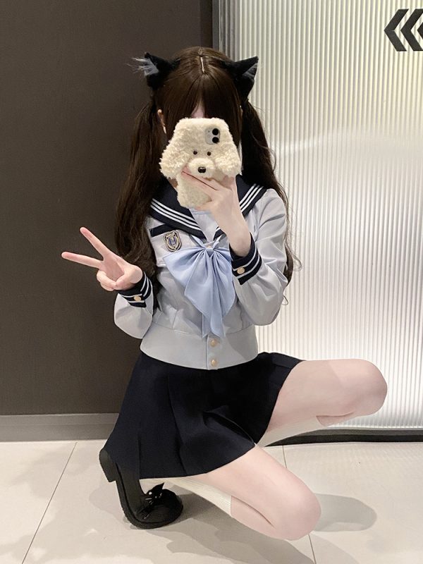 Navy Collar Sailor Suit Set - Japanese JK Uniform with Pudding Bear Design - Cute School Style Outfit for Y2K Fashion Lovers