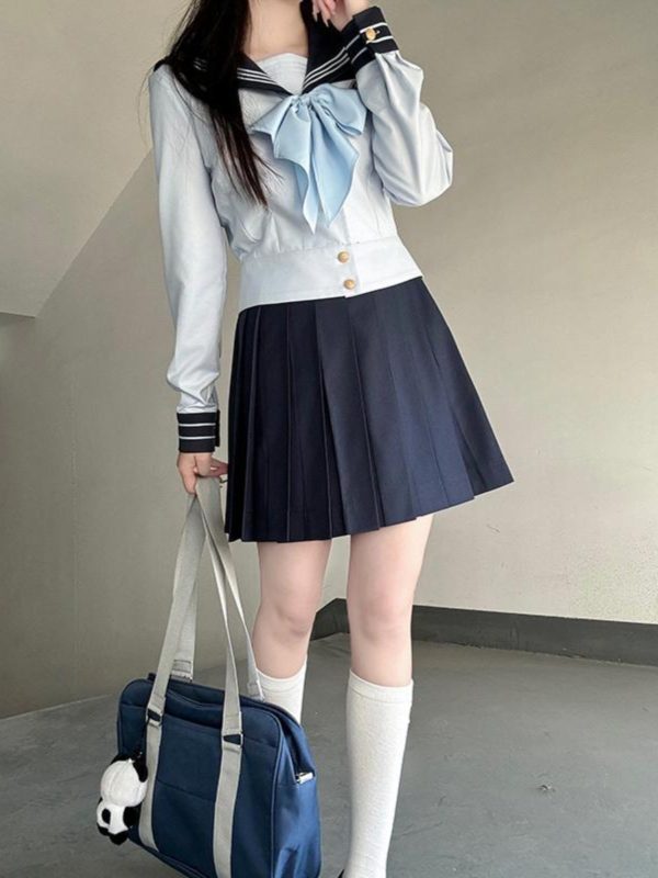Navy Collar Sailor Suit Set - Japanese JK Uniform with Pudding Bear Design - Cute School Style Outfit for Y2K Fashion Lovers