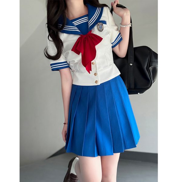 Navy Collar Sailor Suit Set - Japanese JK Uniform with Waist-Defined Short Sleeves - College Style Pudding Bear Design for Students