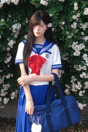 Navy Collar Sailor Suit Set - Japanese JK Uniform with Waist-Defined Short Sleeves - College Style Pudding Bear Design for Students