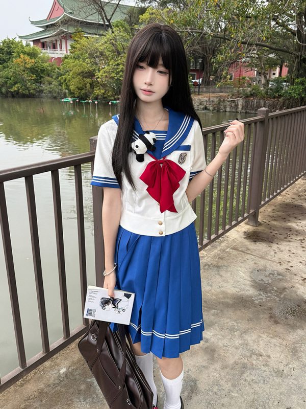Navy Collar Sailor Suit Set - Japanese JK Uniform with Waist-Defined Short Sleeves - College Style Pudding Bear Design for Students