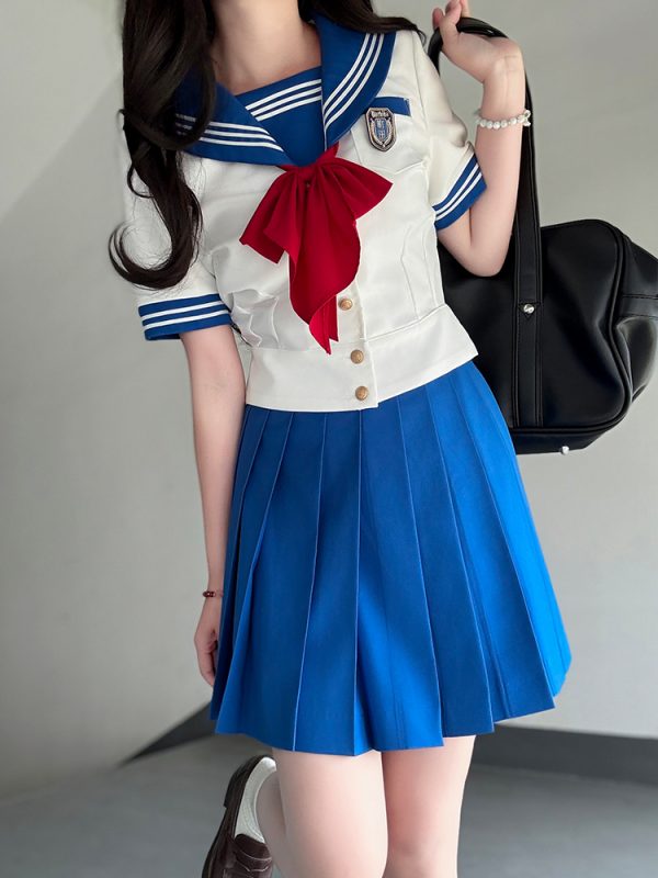 Navy Collar Sailor Suit Set - Japanese JK Uniform with Waist-Defined Short Sleeves - College Style Pudding Bear Design for Students