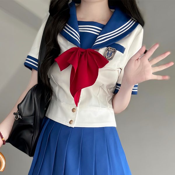 Navy Collar Sailor Suit Set - Japanese JK Uniform with Waist-Defined Short Sleeves - College Style Pudding Bear Design for Students