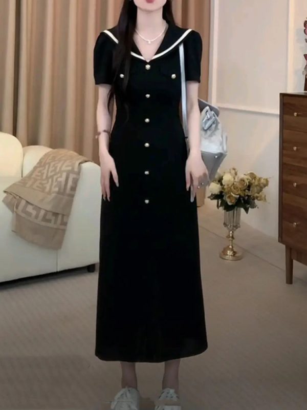 Navy Collar Short Sleeve Plus-Size Dress for Curvy Figures - Trendy Summer Style, Flattering Fit, Elegant Black Dress