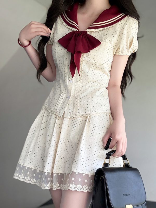 Navy Polka Dot Short Sleeve JK Uniform Set with Waist-Defining Design - Sweet Summer College Style