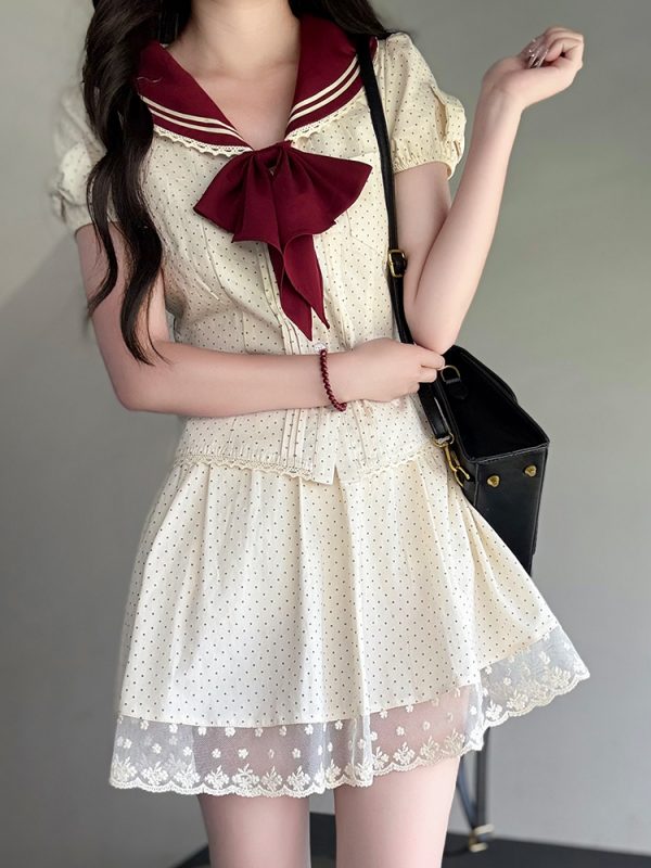Navy Polka Dot Short Sleeve JK Uniform Set with Waist-Defining Design - Sweet Summer College Style
