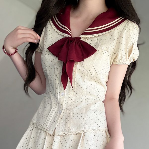 Navy Polka Dot Short Sleeve JK Uniform Set with Waist-Defining Design - Sweet Summer College Style